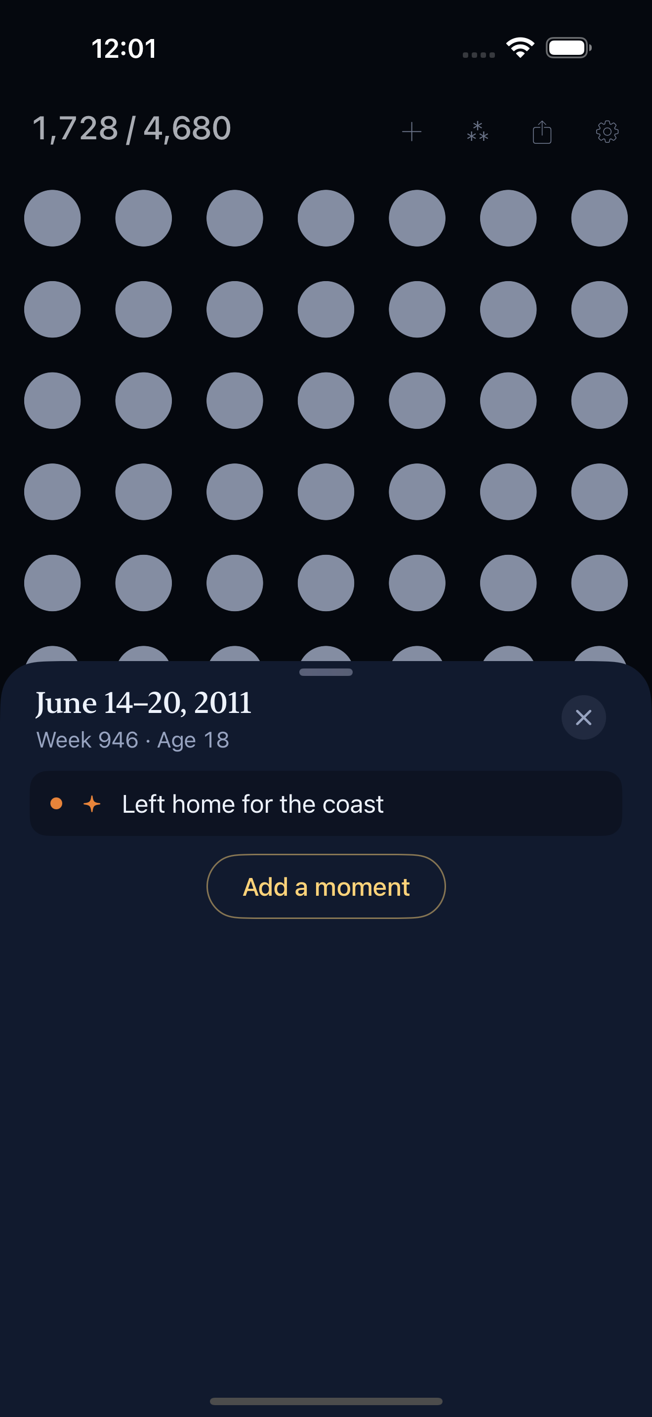 A single week opened as a sheet, showing its date range and the moments marked in it