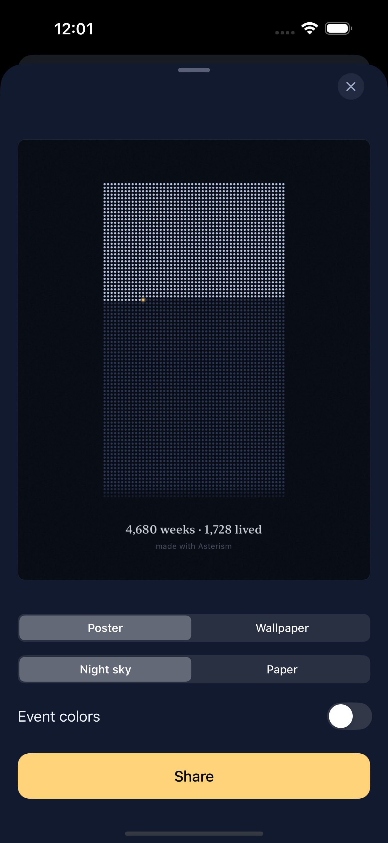 A poster export of the life grid on the night sky, with a real caption