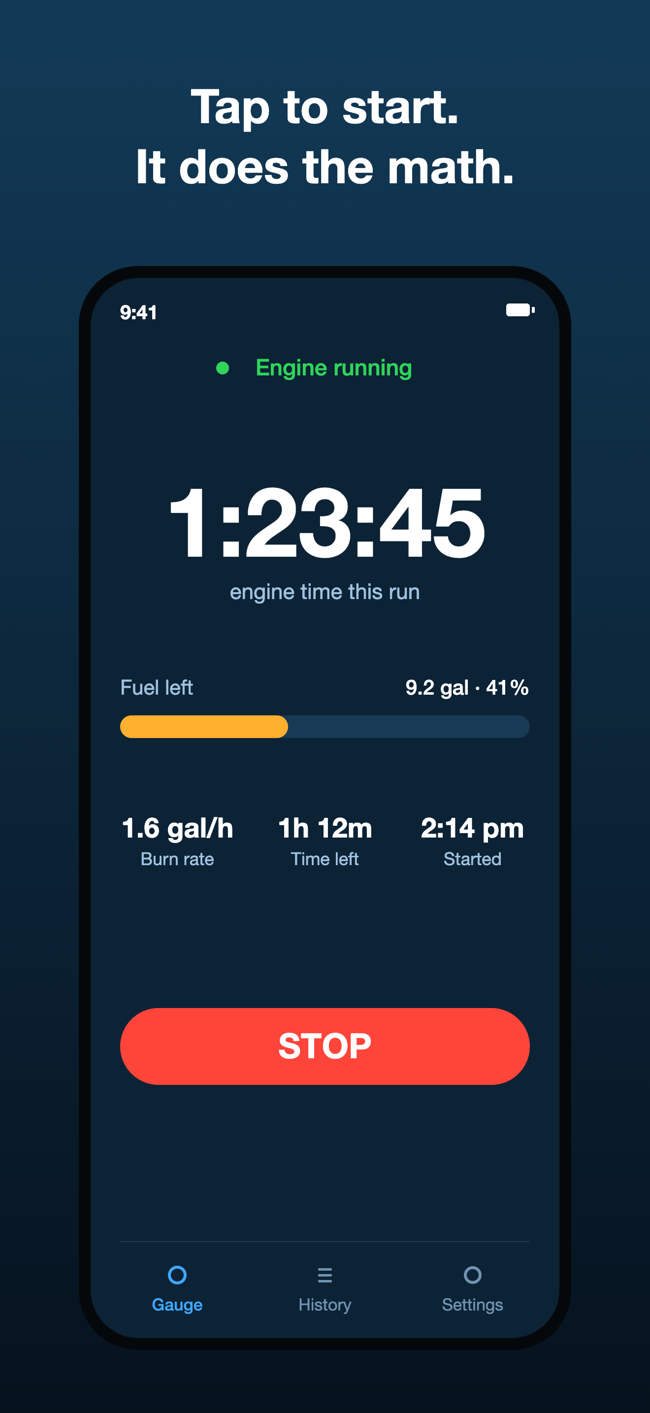 Running engine timer at 1:23:45 with a fuel-left bar and a STOP button